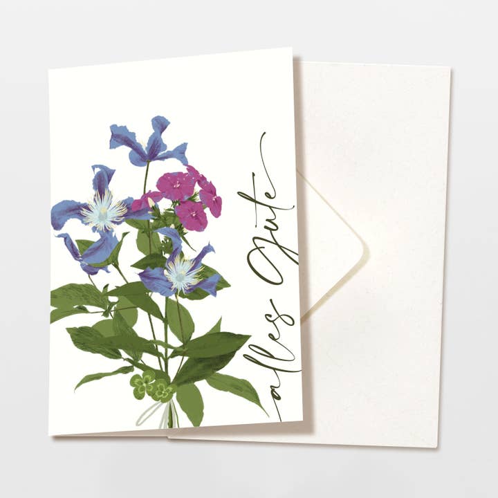 Biglietto pieghevole auguri fiori viola con busta, carta FSC per la vendita all'ingrosso da parte di Wildblumen Atelier