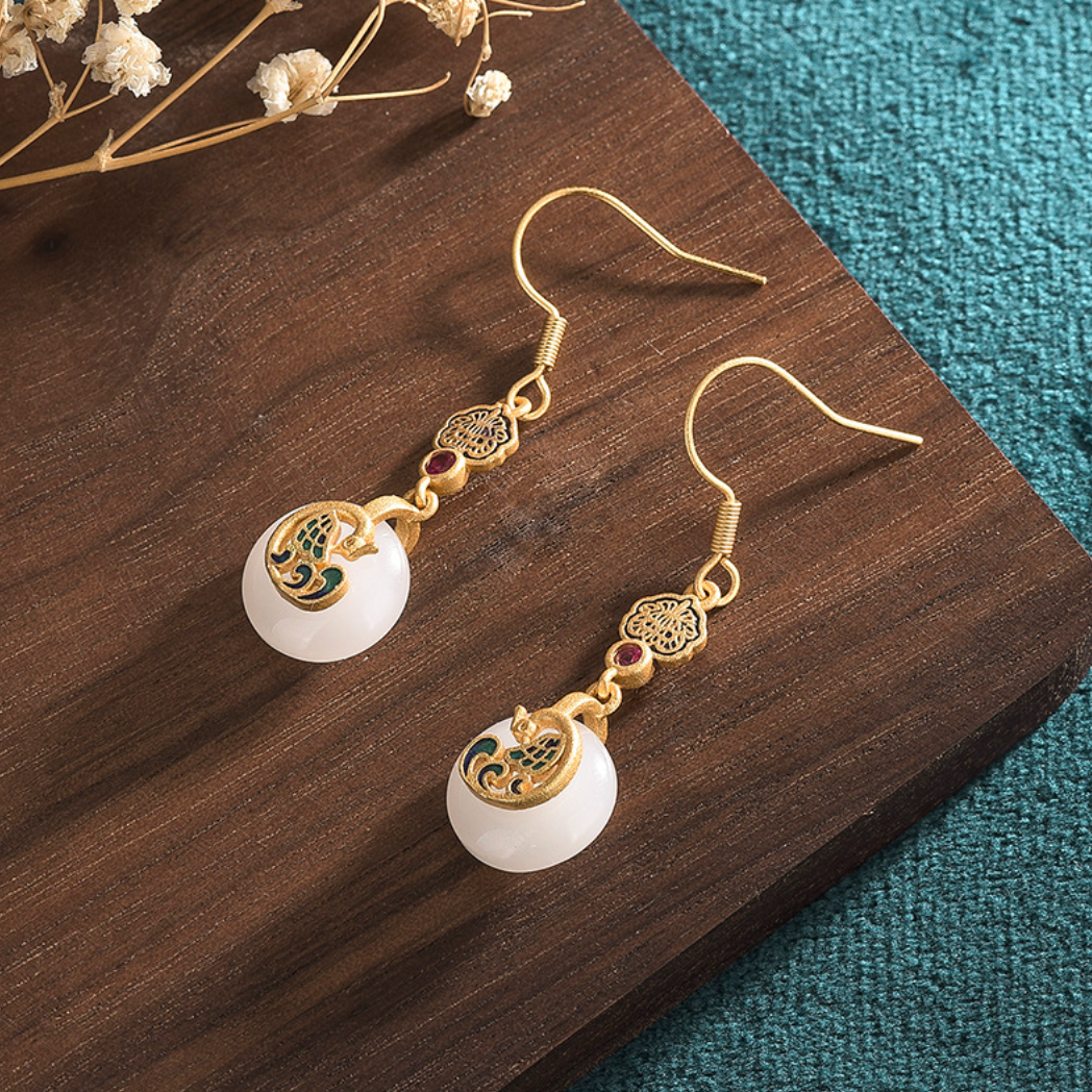 Bright MacMing – Engroshandel Hængeøreringe og creoløreringe – Lux Golden Phoenix Jade Øreringe2