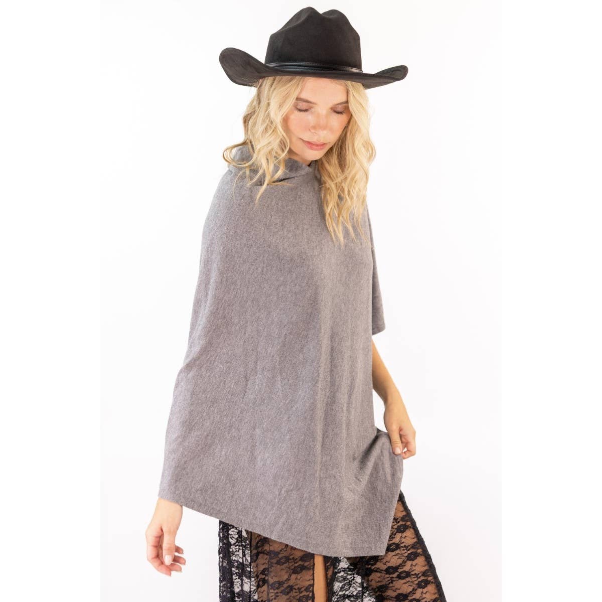 Grey TRIANGLE FUNNEL NECK SWEATER PONCHO_78T2877 for wholesale on Faire7