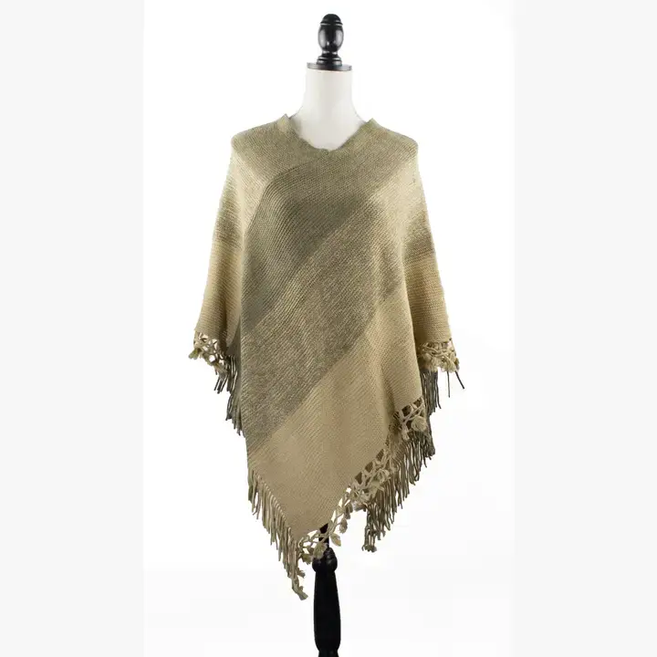 Fennco Styles – wholesale Poncho – Women's – Olive and Khaki Color Block Fringe Poncho Sweater2
