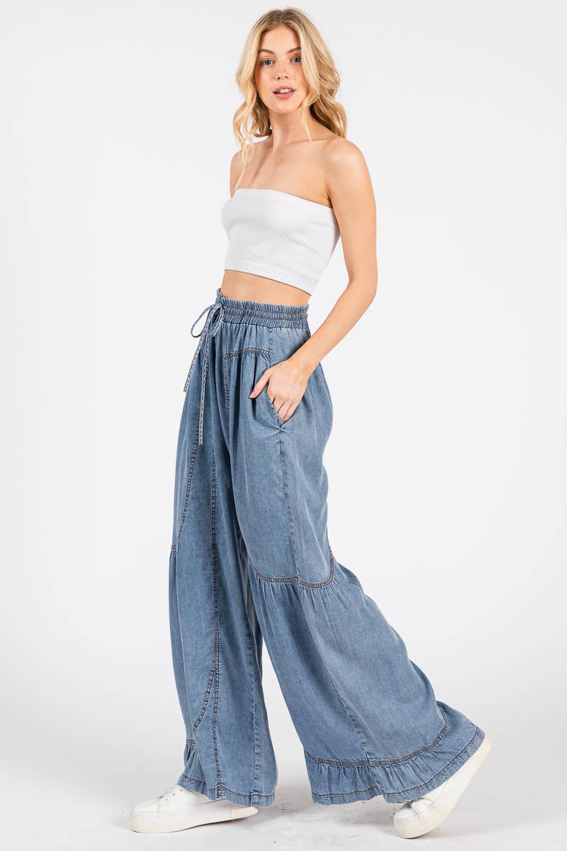 DENIM MINERAL WASHED WESTERN WIDE LEG PALAZZO CHAMBRAY PANTS for wholesale on Faire3