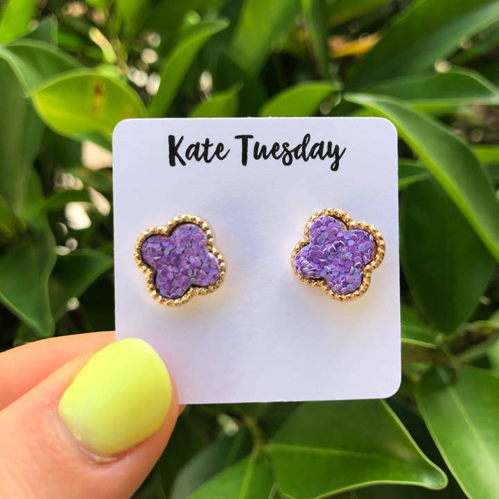 Glitter Blossom Stud Earrings - Bright Purple for wholesale by Kate Tuesday Jewelry