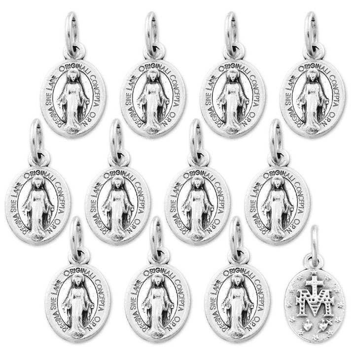 Lot of 12 - Silver Tone Our Lady of Grace Mini Miraculous Medal Pendant - Made in Italy for wholesale by Catholica Shop