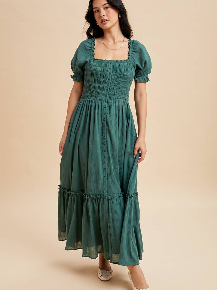 SMOCKED BUTTON DOWN MAXI DRESS for wholesale by In Loom
