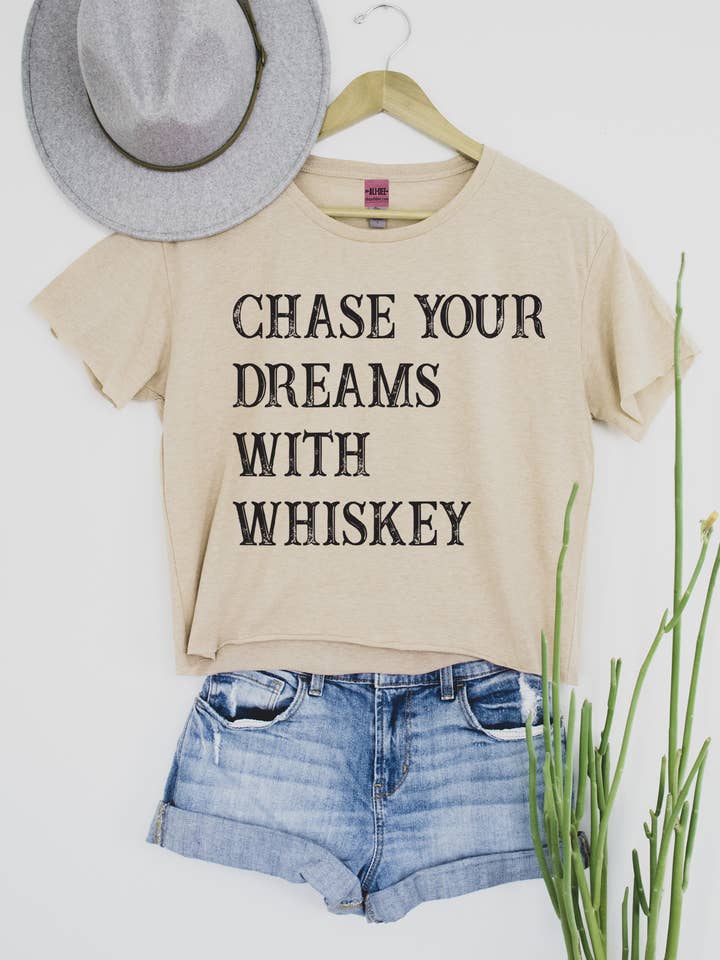 Ali Dee - Wholesale Screen Printed T-Shirt - Women's - Chase Your Dreams Western Crop Graphic Tee - Vintage White0
