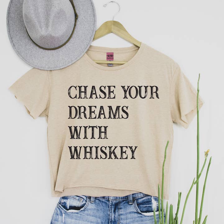 Ali Dee - Wholesale Screen Printed T-Shirt - Women's - Chase Your Dreams Western Crop Graphic Tee - Vintage White