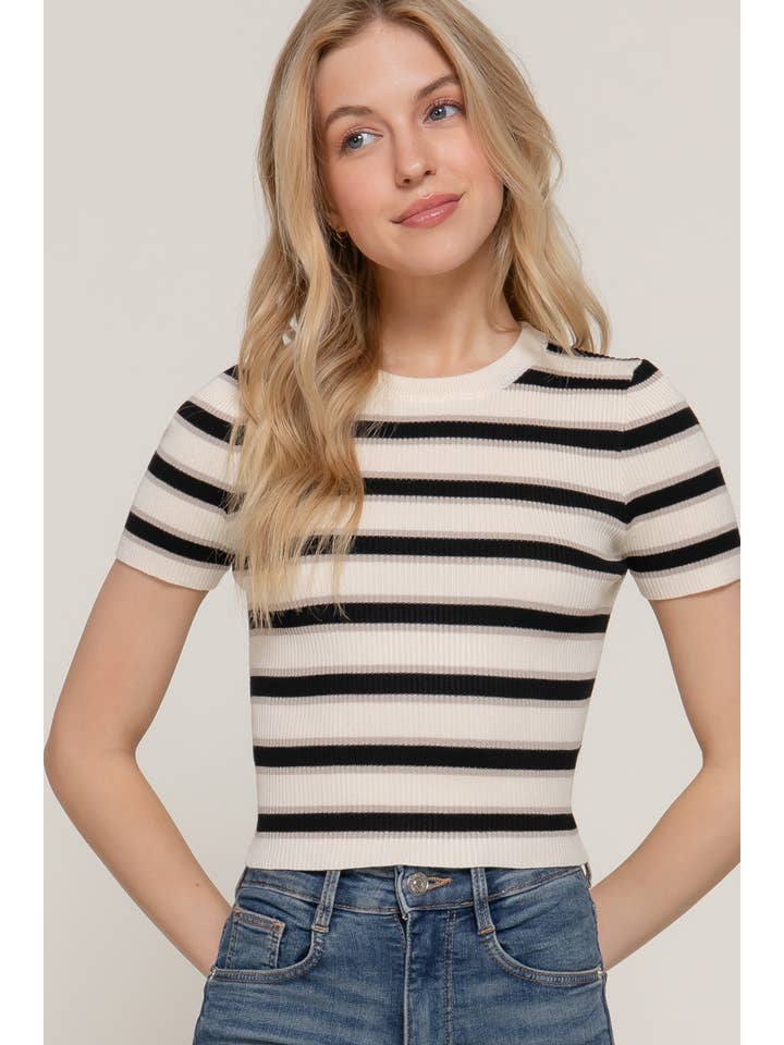 Active Basic | Active USA - Wholesale Knit Top - Women's - Short Sleeve Crew Neck Multi Stripe Spring Sweater16