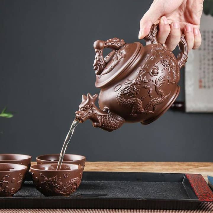 Original Source - Wholesale Tea Set - Dragon Tea Set - 4 Cups - Natural Clay