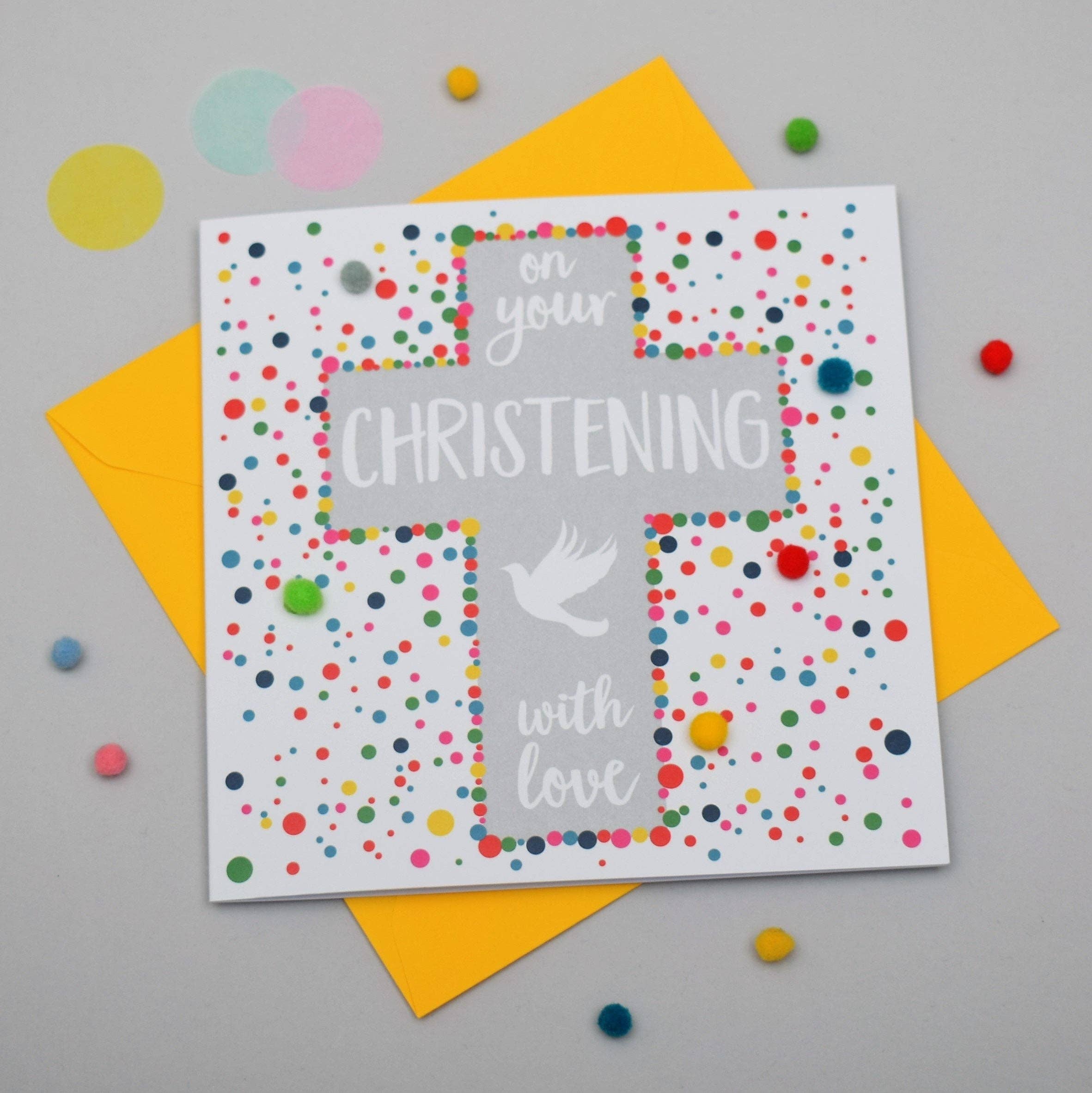 Claire Giles Ltd - Wholesale Kerstkaartje - Doopdoopkaart, kruis en duif, met liefde, verfraaid met pompons2