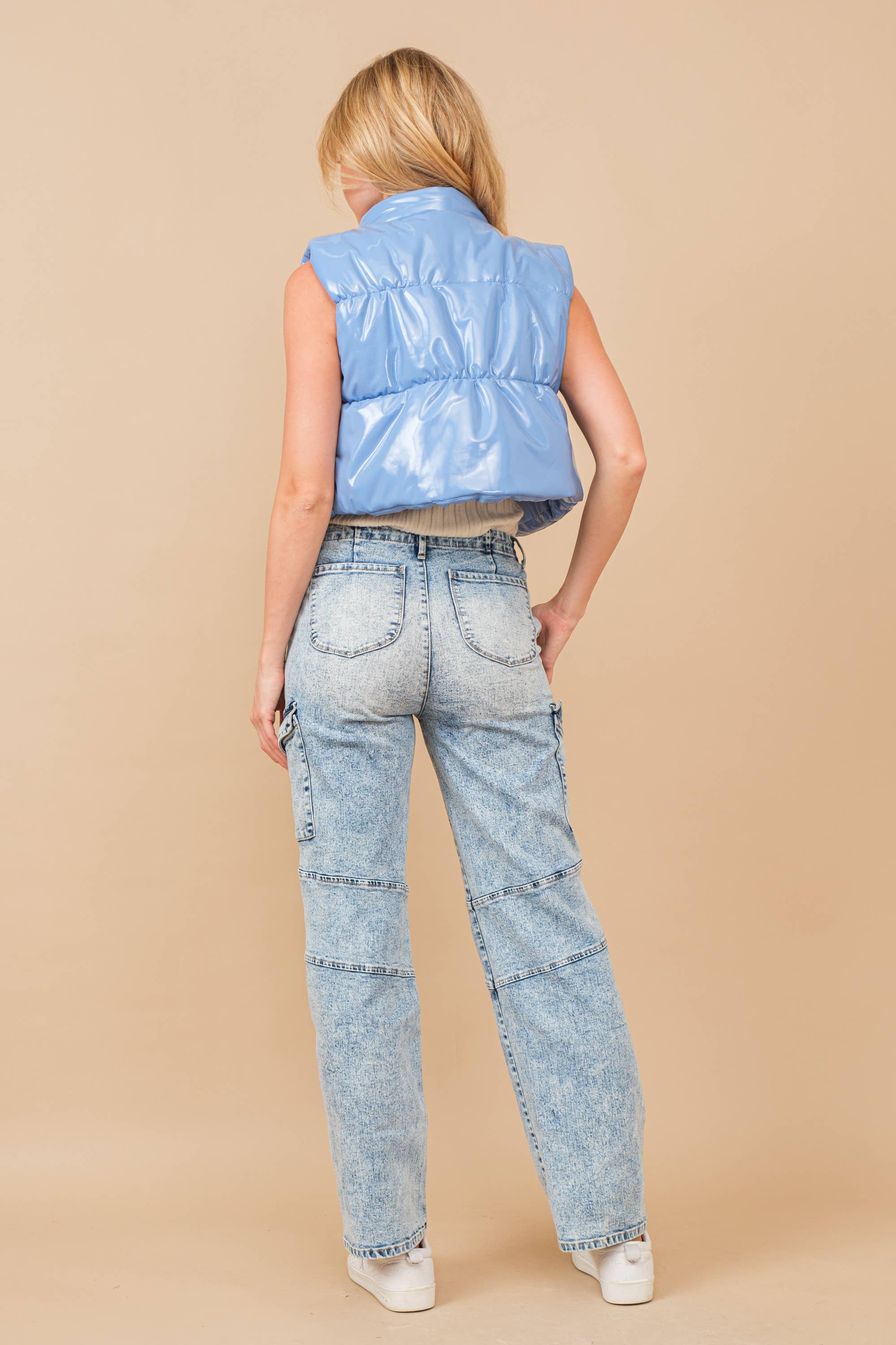 Blue B - Wholesale Outerwear Vest - Women's - 22656J - Gloss Shiny PU Quilted Puffer Zip Up Crop Vest60