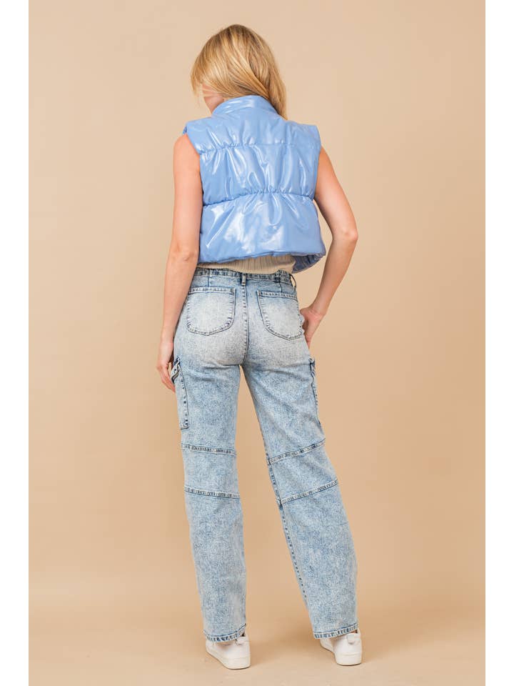 Blue B - Wholesale Outerwear Vest - Women's - 22656J - Gloss Shiny PU Quilted Puffer Zip Up Crop Vest60