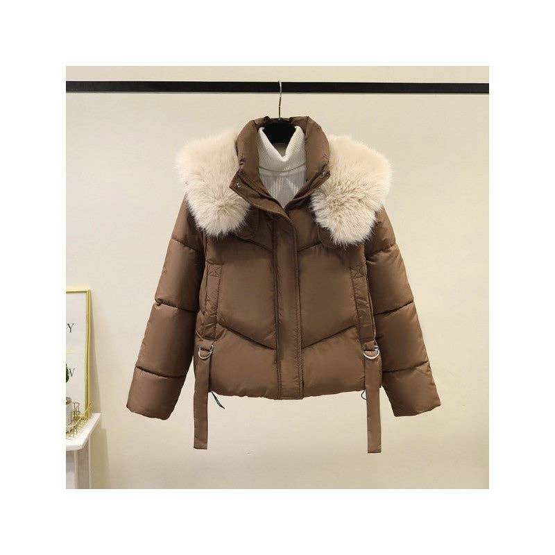 UZ Wholesale Store – wholesale Päls/fuskpäls - Dam – Oversized vadderad kort bomullskappa med tjock pälskrage4