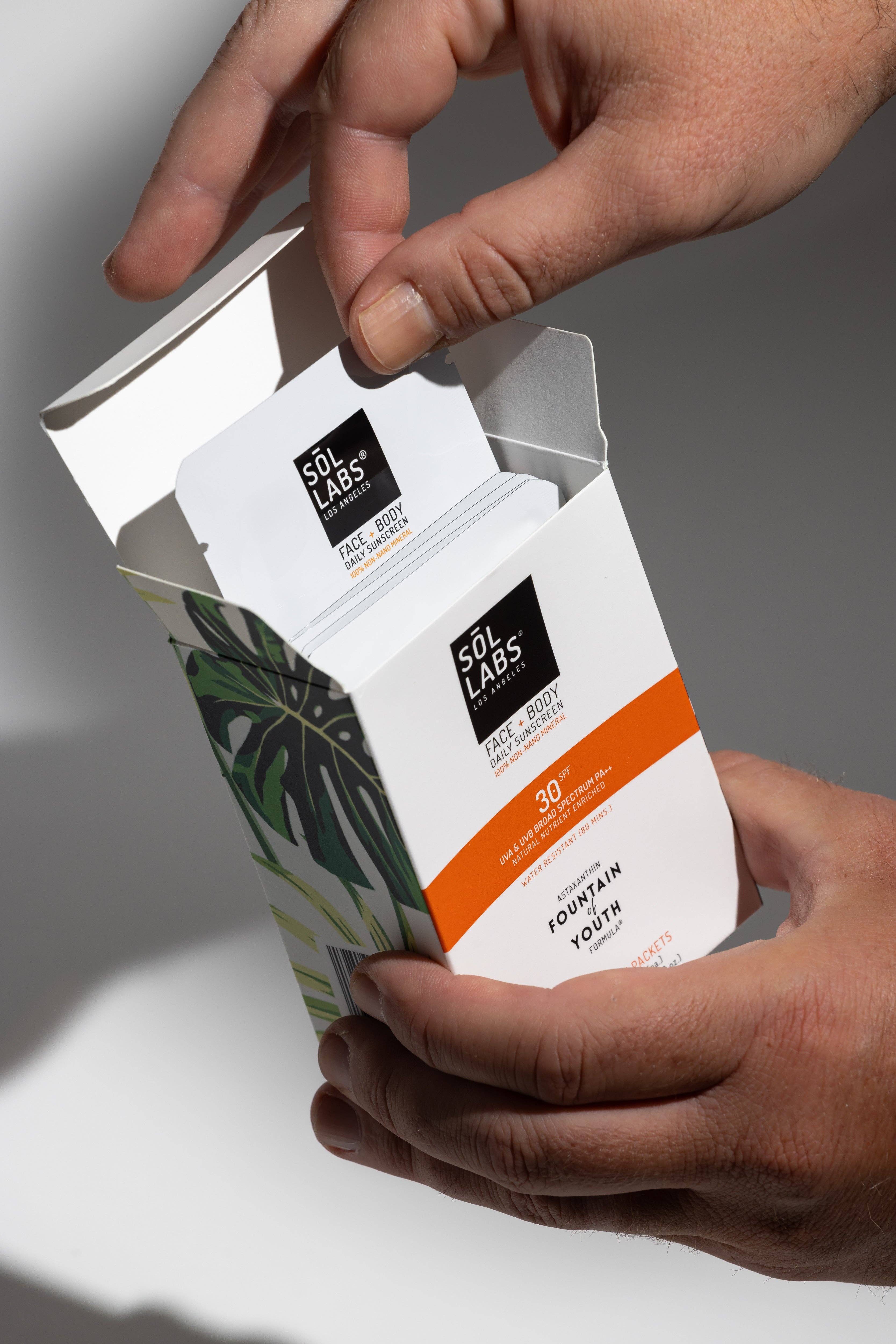 SOL LABS® - Wholesale Sunscreen - SOL LABS® Natural Mineral SPF 30 On-The-Go Sunscreen Packets (Box of 12) - Broad Spectrum UVA/UVB Protection & Hydrating Formula1