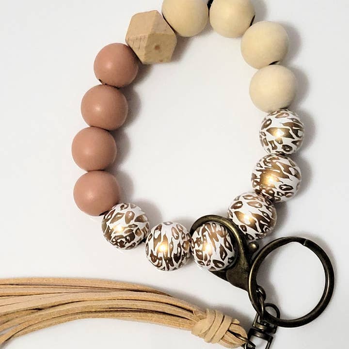 The Wristlet Bar - Wholesale Keychain Bracelet - #28 Brown & Gold Leopard Silicone Wristlet w/ Tassel