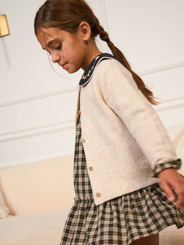 Girl's dress in bicolor tan beige and black plaid for wholesale by Dadati