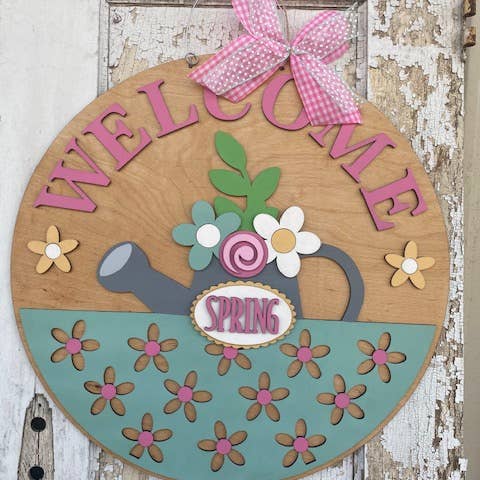 Welcome Spring Watering Can Door Hanger, Wood Sign, Spring for wholesale by Vick Crafts