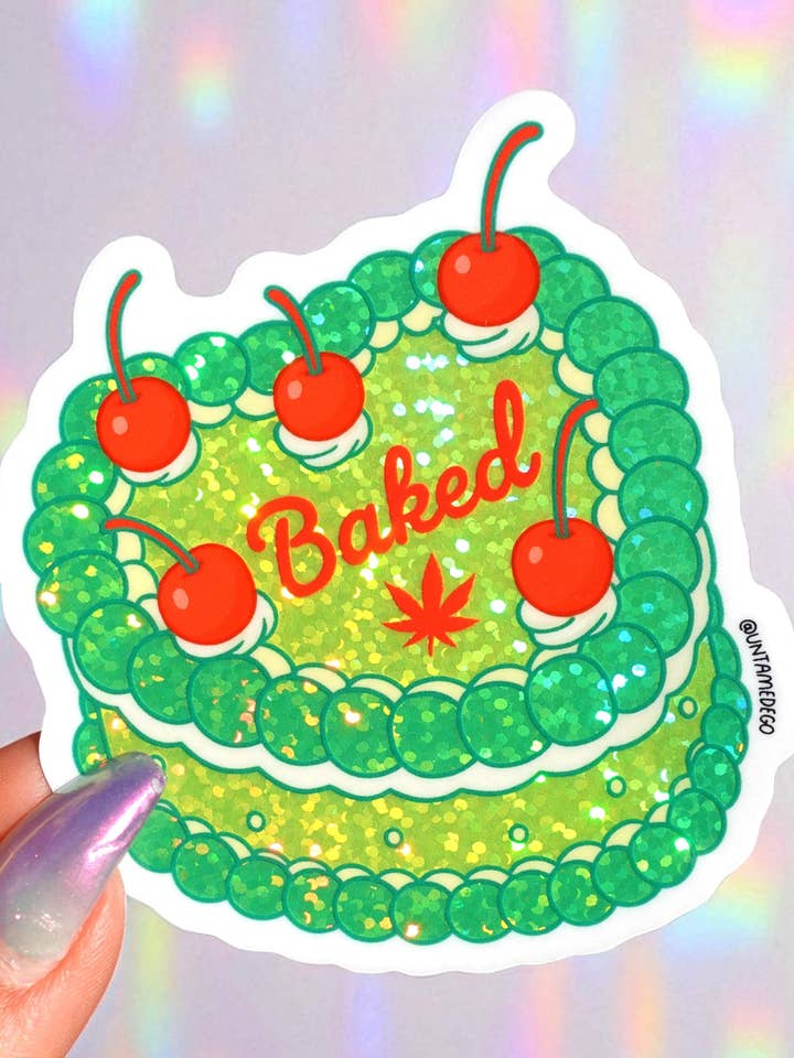 Autocollant de gâteau scintillant cuit – Autocollant en vinyle cerise drôle de cannabis pour la vente par Untamedego LLC