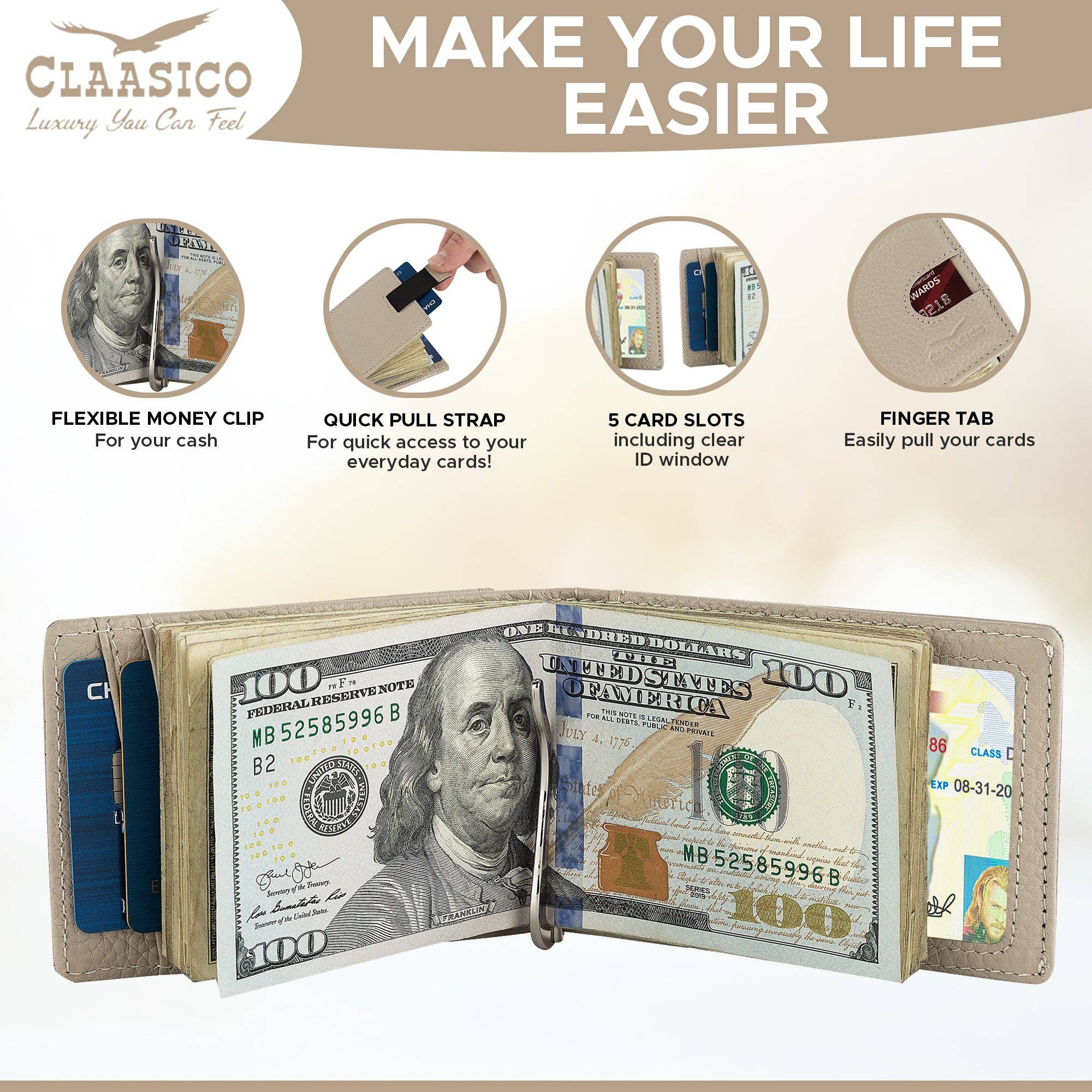 Claasico - Wholesale Wallet - Men's - Small bifold leather money clip wallet with pull strap32