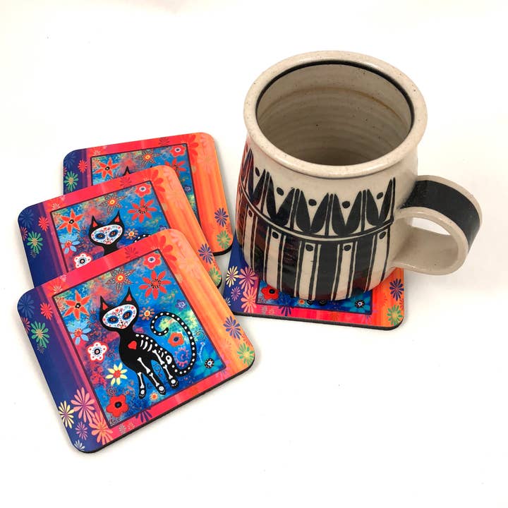 GP Originals - Wholesale Coasters - Day of the Dead, Cat Folk Art 4 piece coaster set1