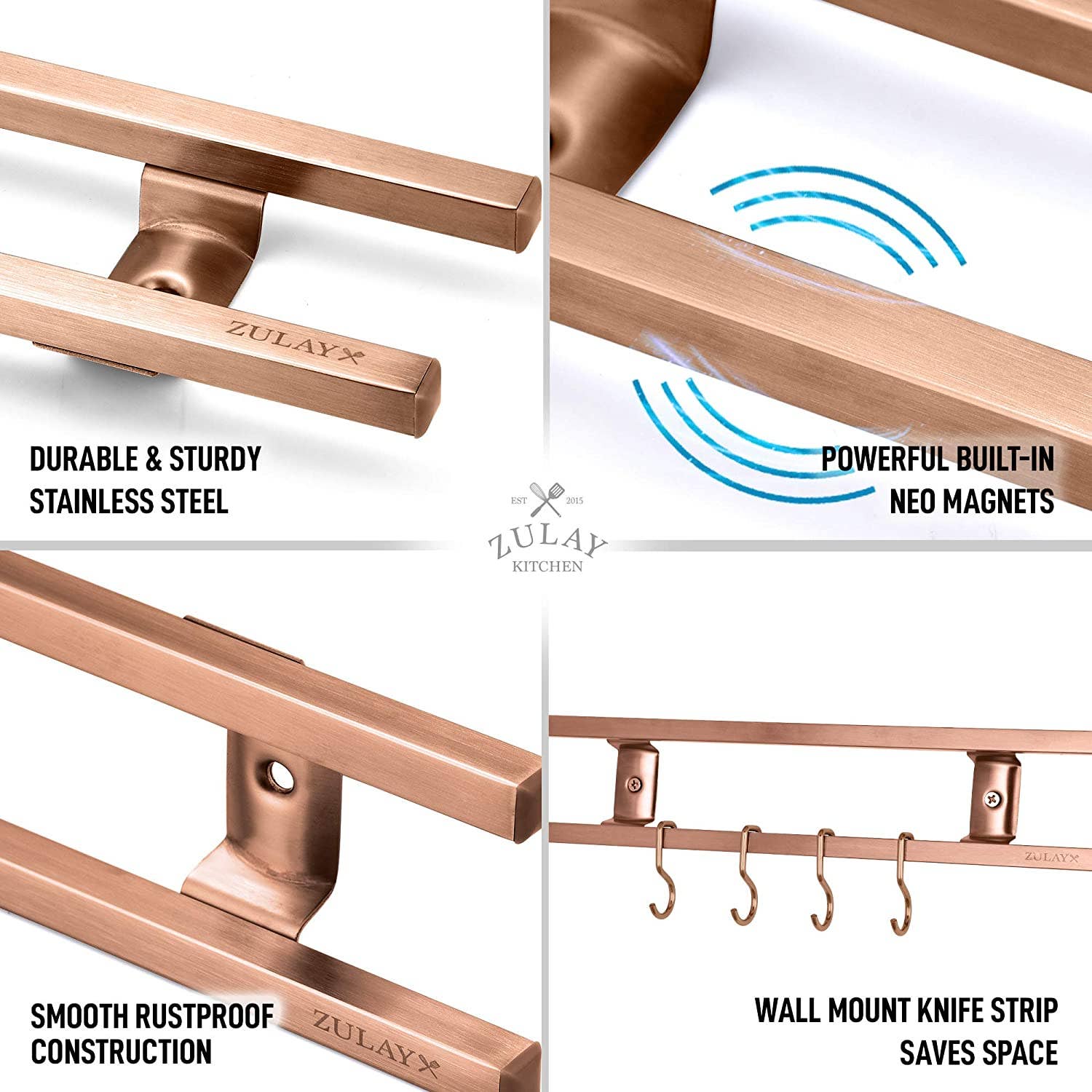 Zulay Kitchen – wholesale Knife storage – Stainless Steel Knife Magnetic Strip With Hanging Hooks4