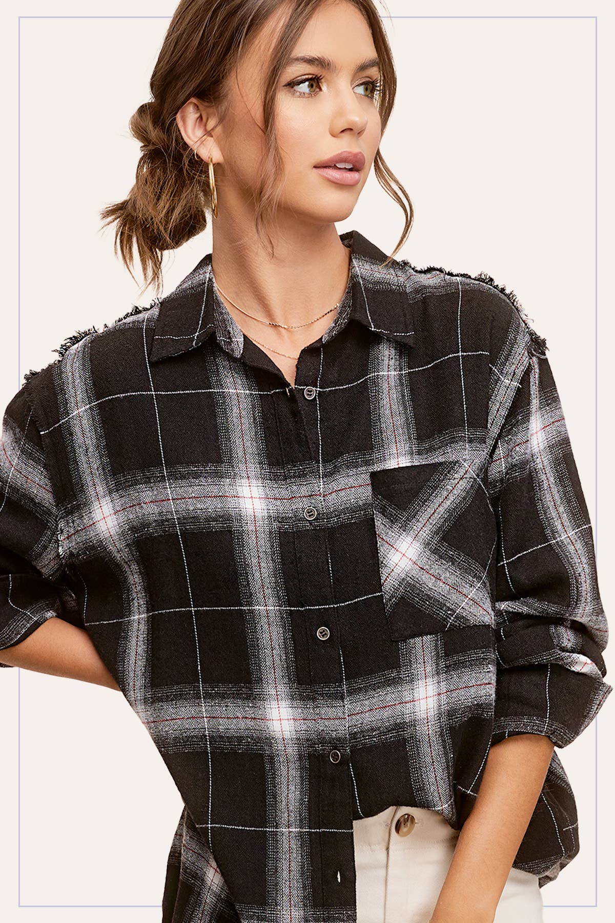 La Miel - Wholesale Button Down Shirt - Women's - SRT1372-Loose Fit Button Down Cut Edge Detailed Plaid Shirts2