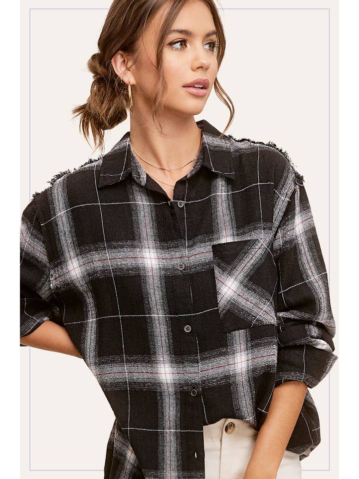 La Miel - Wholesale Button Down Shirt - Women's - SRT1372-Loose Fit Button Down Cut Edge Detailed Plaid Shirts2