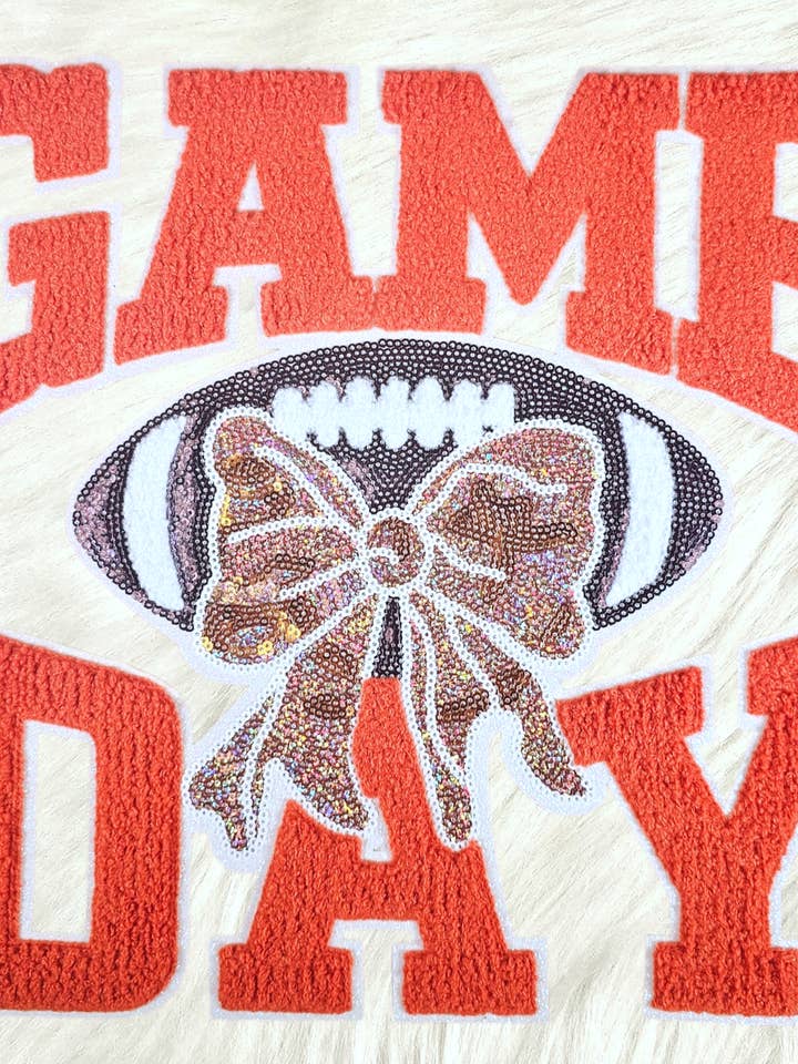 Game Day Orange Chenille Sequin Football Iron-on Patch for wholesale by Scratch Decor