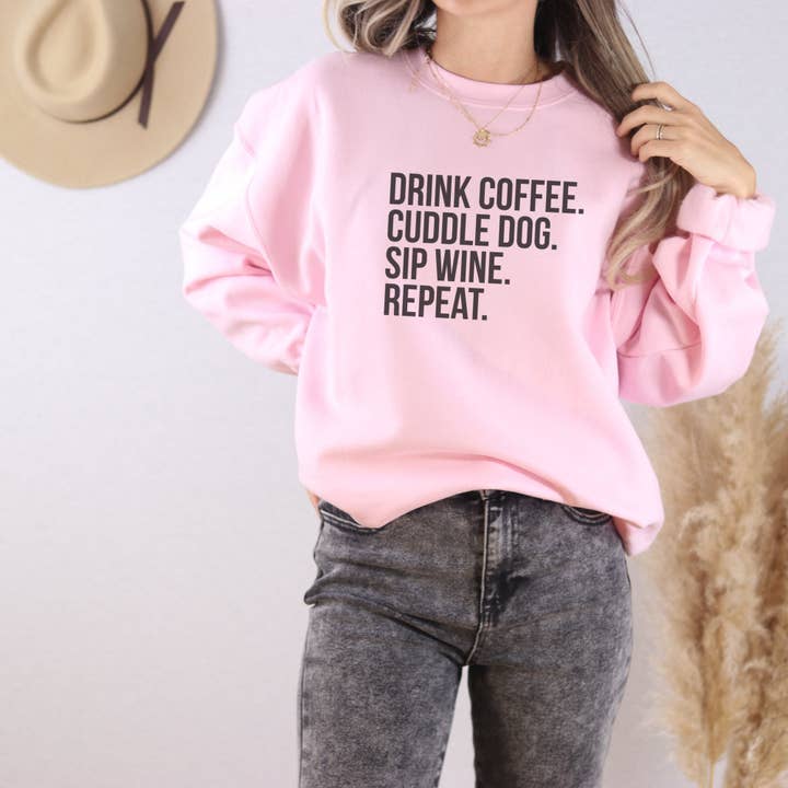 Drink Coffee Cuddle Dog Crewneck Sweatshirt for wholesale by Trendznmore - Modern Graphic Apparel