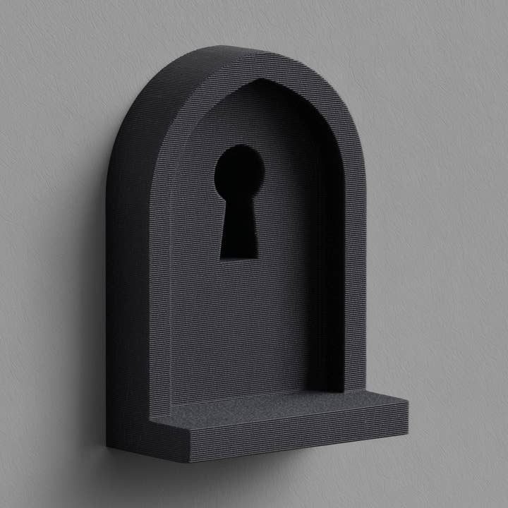 Vægmonteret nøglehulshylde | 3D-printet skulpturel væghylde | Minimalistisk mørk fantasy-nichehylde til moderne gotiske indretninger for engroshandel hos Decords