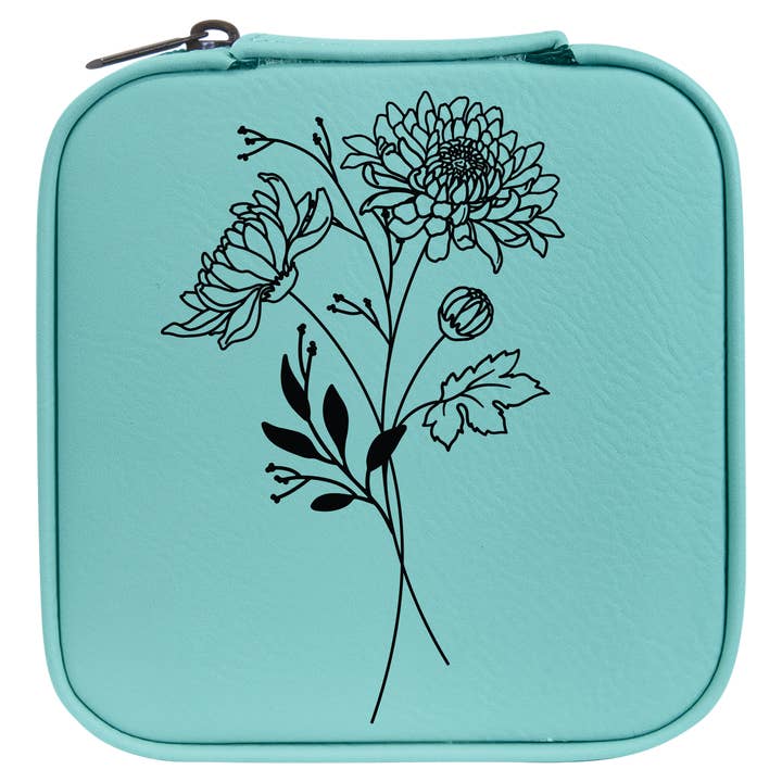 Boîte à bijoux de voyage en similicuir November Chrysanthemum, bleu sarcelle pour la vente par The Purple Chickadee