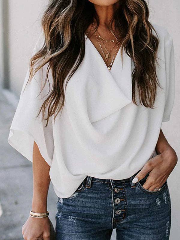 Plush Looks - Vente Chemisier – femme - T-shirt plissé original et décontracté de couleur unie