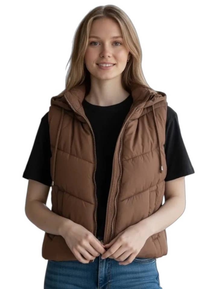 Woven Puffer Vest with Hood for wholesale by Vanilla Monkey