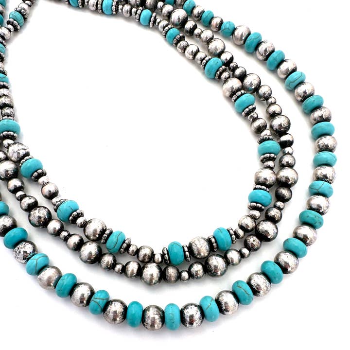 Triple Strand Stone And Silver Bead Necklace - Turq for wholesale by Wyo-Horse Jewelry