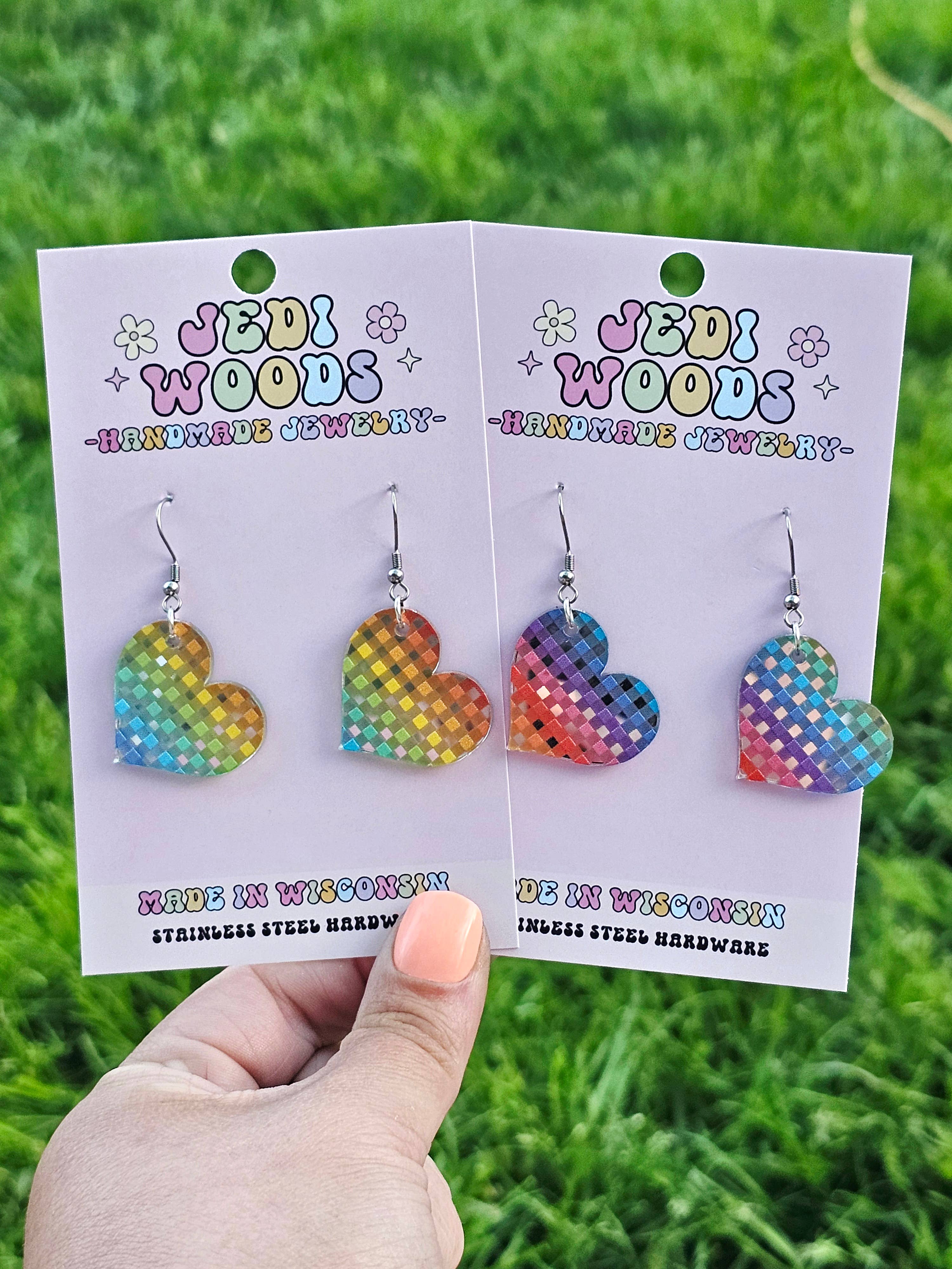 Jedi Woods LLC - Wholesale Dangle Earrings - Rainbow Plaid Heart Earrings on Silver Mirror Acrylic5
