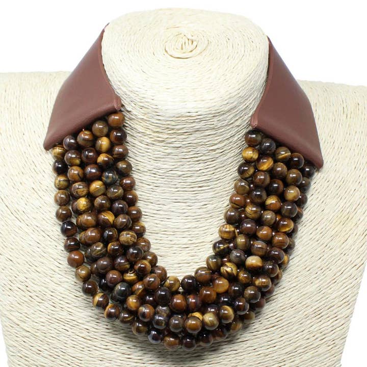 anbfashion - Wholesale Beaded/Pearl Necklace - FAUX LEATHER REALSTONE LAYERED BEAD CHUNKY NECKLACE
