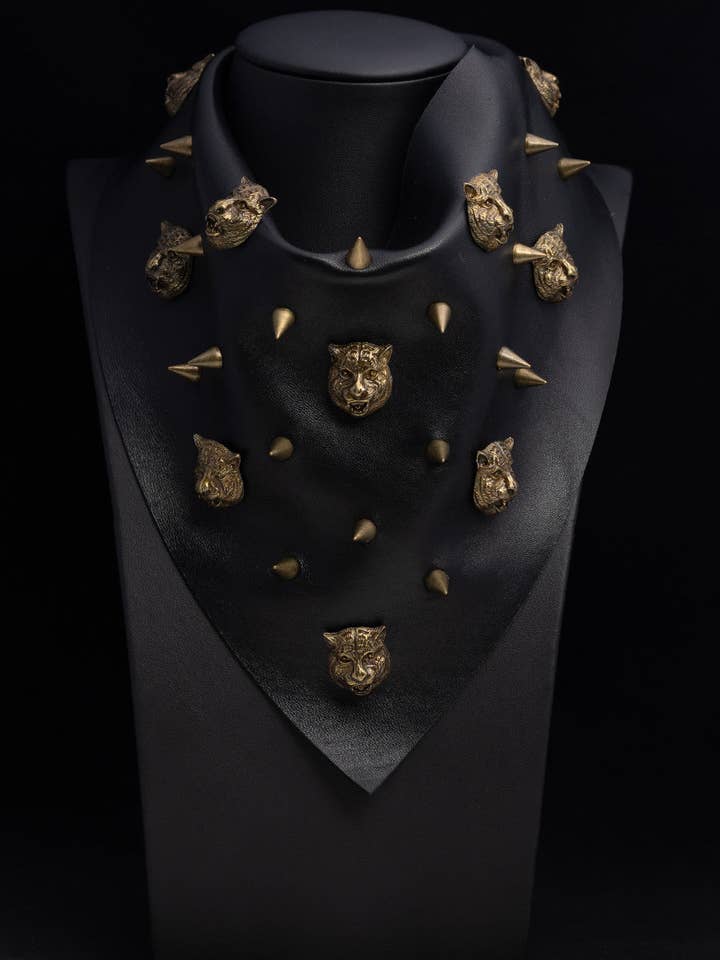 Black Leather Glamdana with Antique Gold Leopards and Spikes for wholesale by Wybo Design