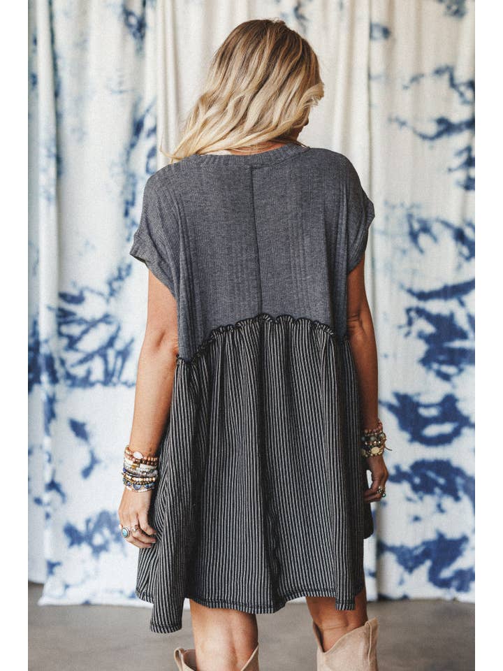 Grey No Fuss Babydoll Dress - Charcoal Black for wholesale on Faire