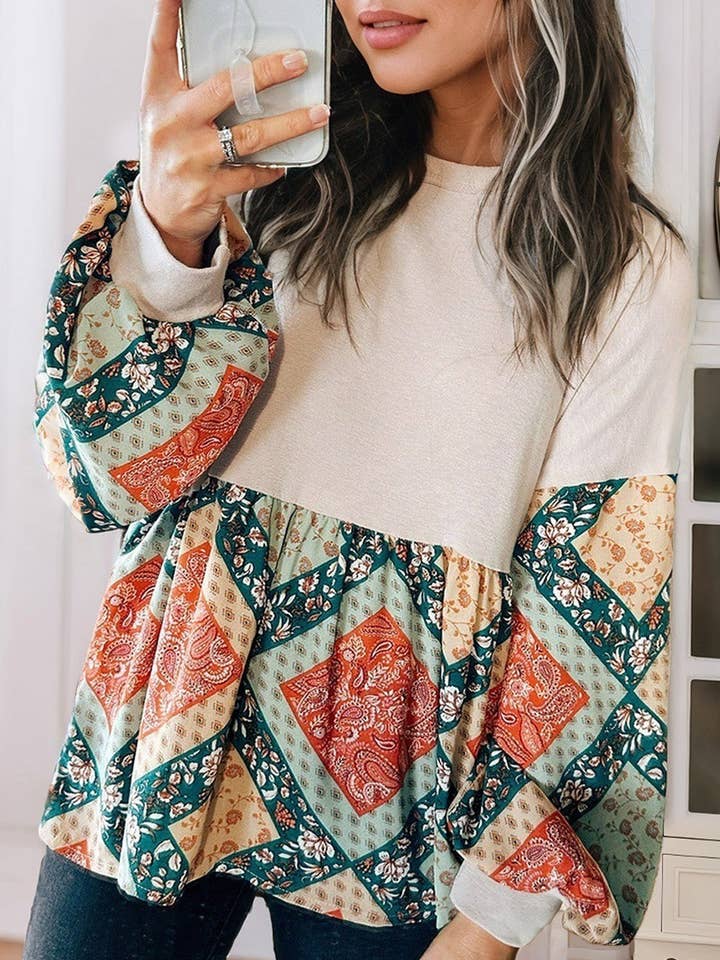 Jet Stream Paisley Geometric Patchwork Crew Neck Loose Fit Top for wholesale on Faire0