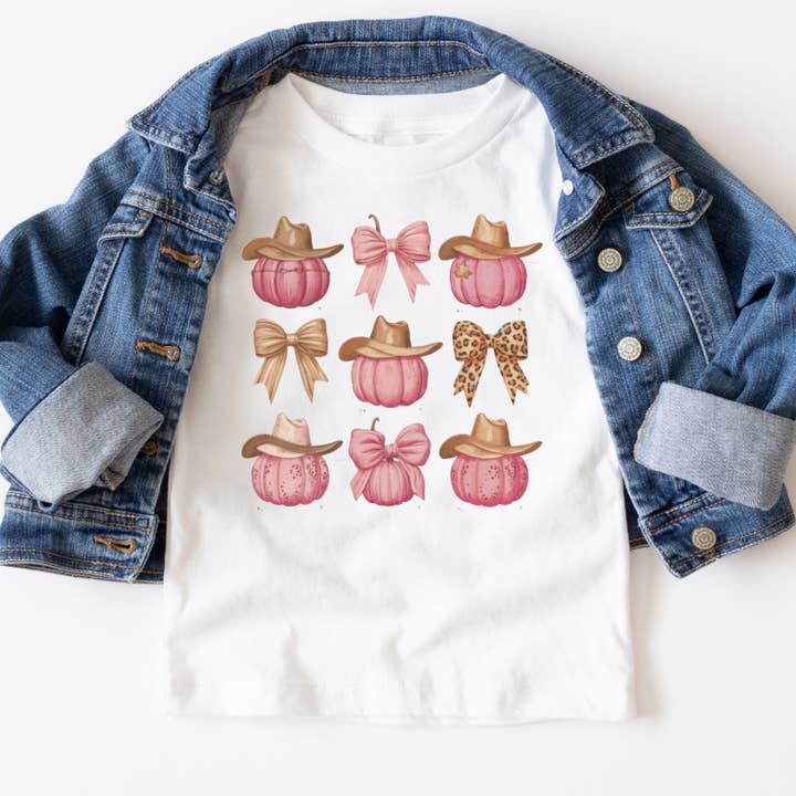 Camiseta Gráfica Juvenil de Otoño con Calabazas de Vaquero y Lazos Coquetos para venta al por mayor de Mama and Littles Apparel