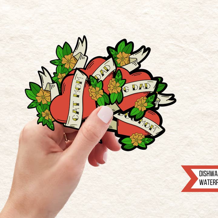 Cat Mom & Dad, Dog Mom & Dad Tattoo Style Waterproof Sticker for wholesale by Hello Kiwi