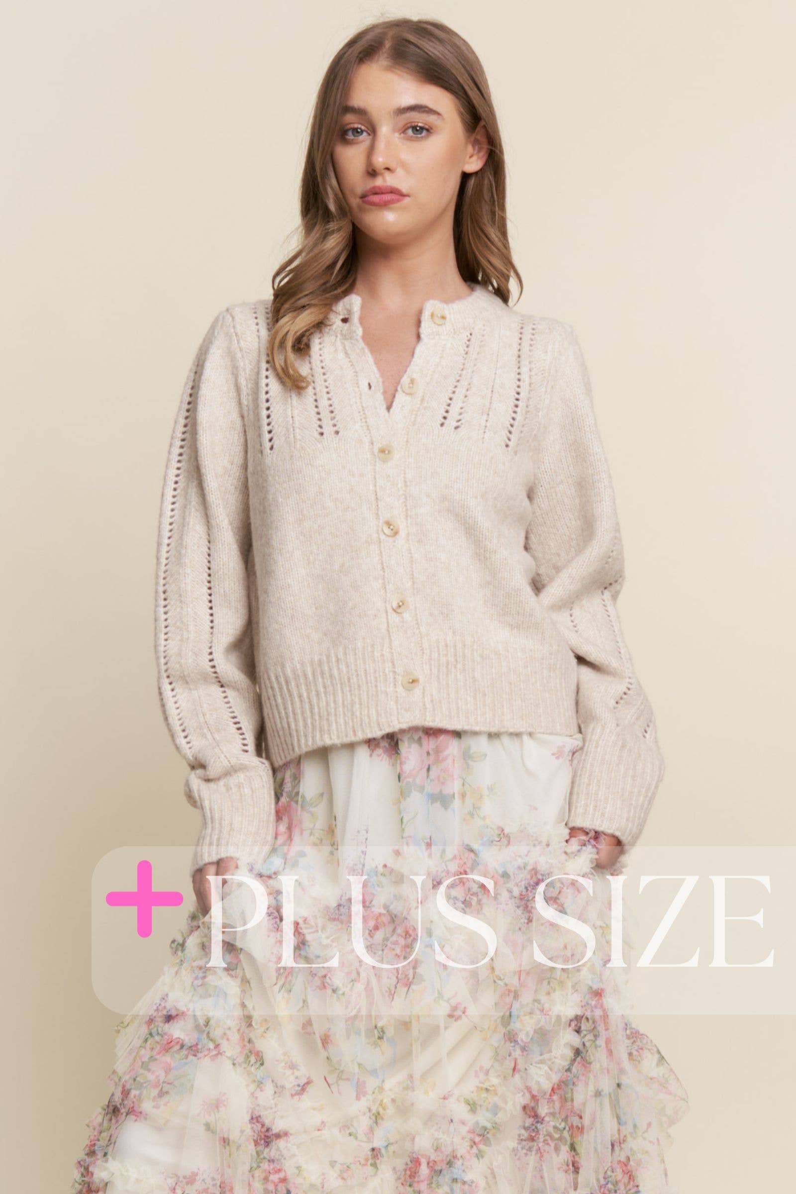 Light Sand PLUS SIZE Soft Knit Eyelet Design Button Cardigan for wholesale on Faire5