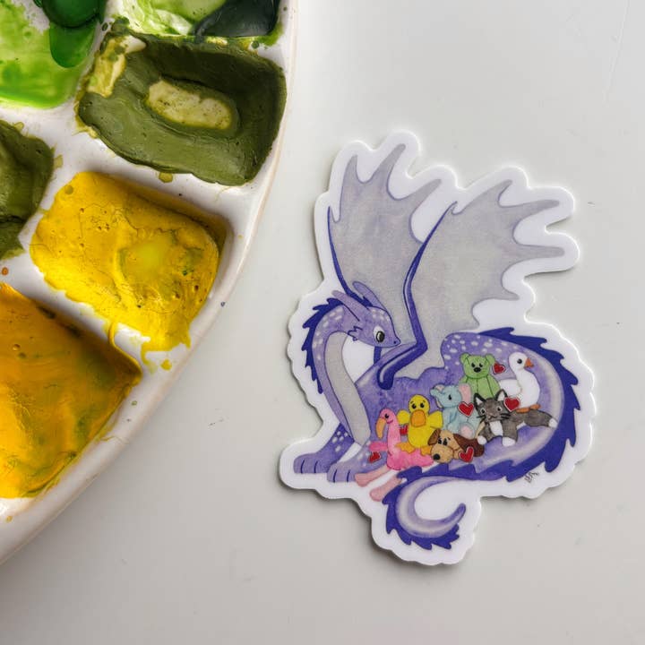 Dragon Plushie Hoard Vinyl Sticker – Cute Stuffed Animal Art for wholesale by Owlfeathers Watercolor