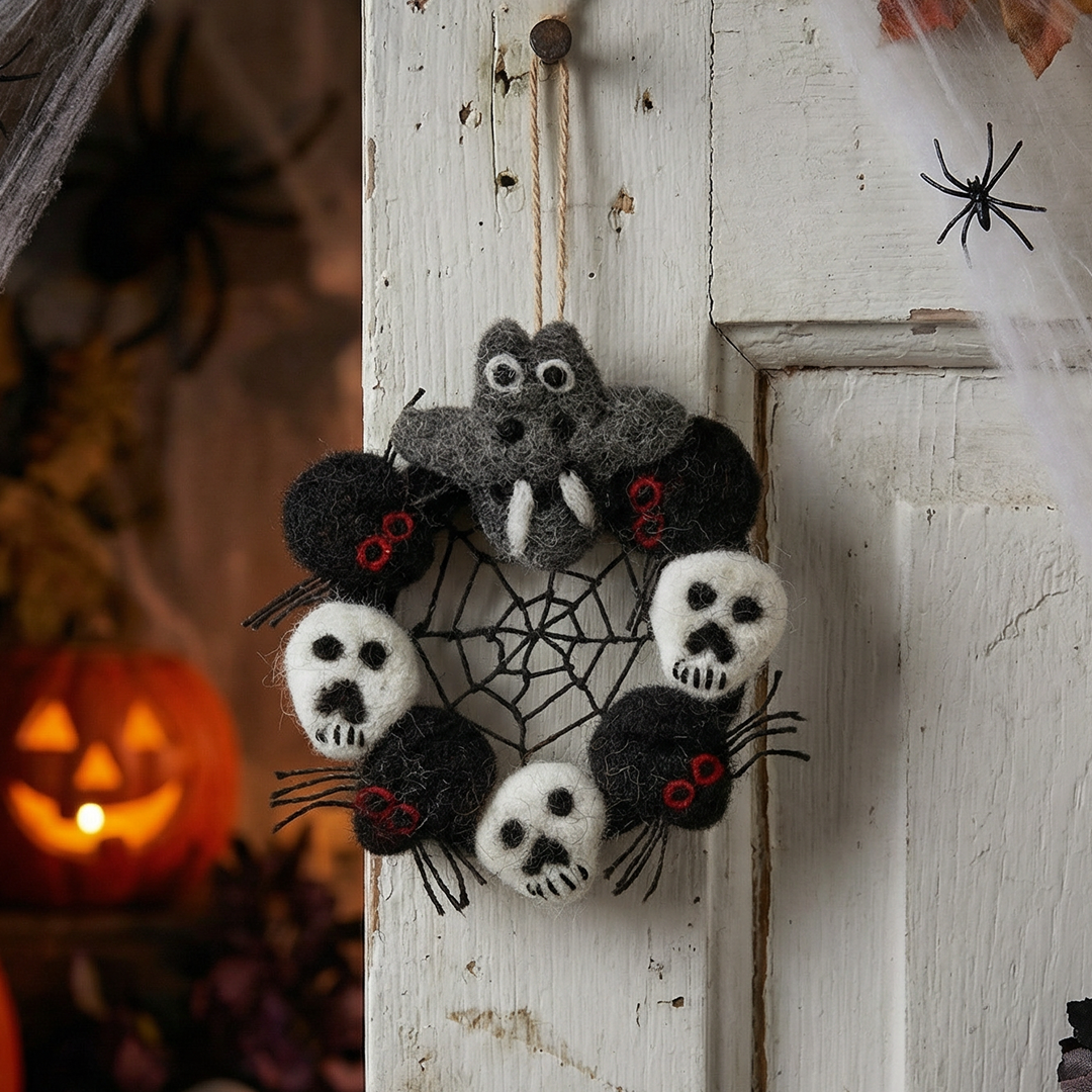 Felt So Good - Wholesale Ornament - Handmade Felt Ghoulish Mini Wreath Hanging Halloween Decorat0