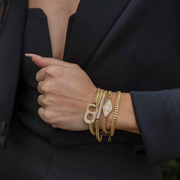 Loni Paul Jewelry – Großhandel Glieder- & Kettenarmband – Doppelwandiges Pave Can Tab-Armband aus Mattgold