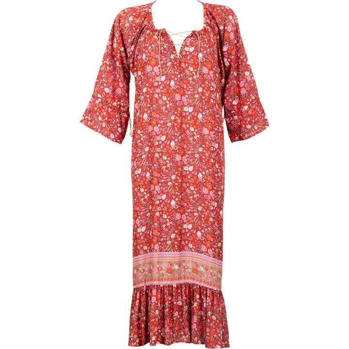 Robe Longue ample et légère viscose imprimée fleurs rouges pour la vente par Beau Comme Un Lundi