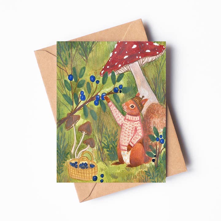 Carte de vœux simple avec écureuil en quête de nourriture pour la vente par Randi Lynn Reed Illustration