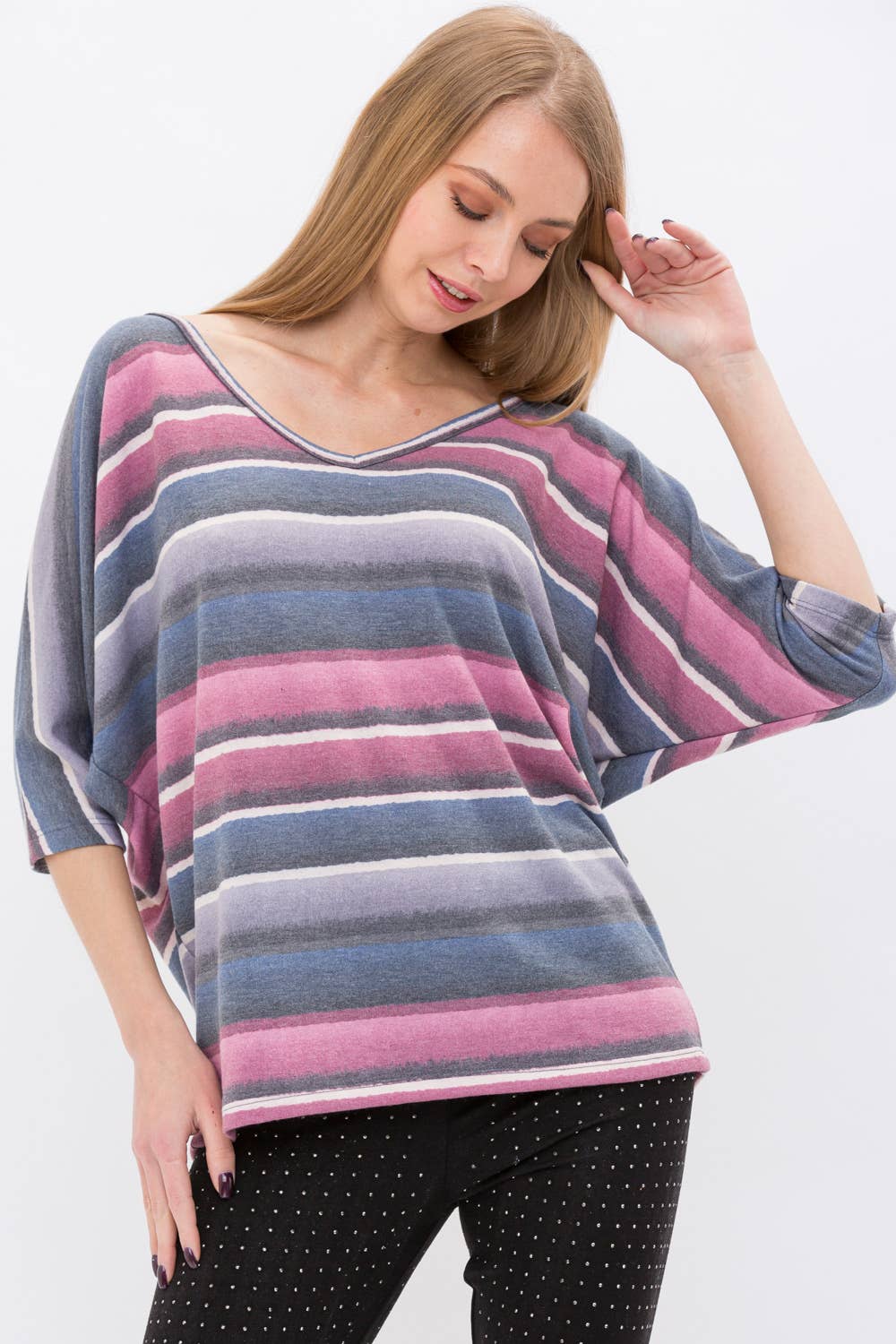 VOCAL - Wholesale Knit Top - Women's - STRIPE KIMONO SLEEVE TOP WITH STRINGS IN THE BACK 19328S4
