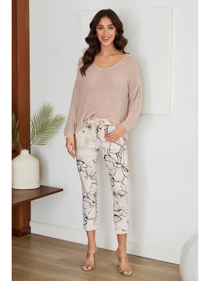 VENTI6 - Wholesale Pants - Women's - ART FLORAL PRINT CRINKLE JOGGER PANTS (21366-ARTFLORAL)3