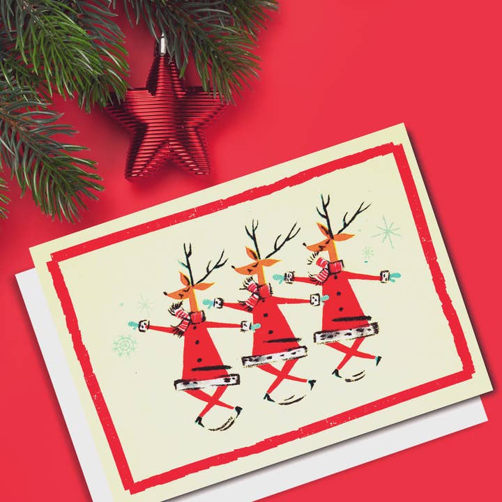 Dancing Santa Reindeer Christmas Card - Box Set of 10 for wholesale by Wright Card Company