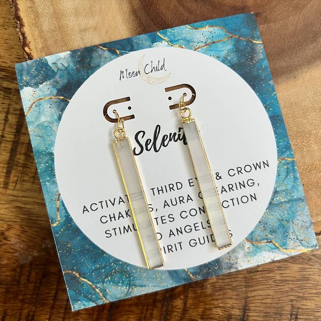 Moon Child - Wholesale Dangle Earrings - Selenite Long Gold Earrings ~ "Aura Clearing"